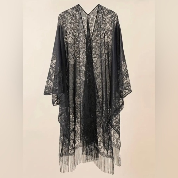 New Shawl Solid Black Tassel Embroidered Sheer Kimono Festival Beach Cover Up - Picture 9 of 13